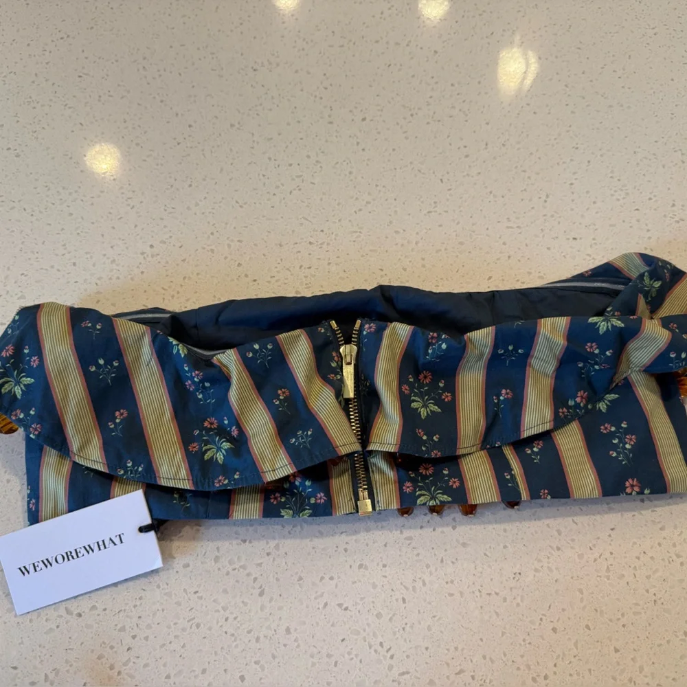 NWT WeWoreWhat Ruffle Beaded Floral Stripe Deep Storm Bandeau Size 12 Denim $89 - Picture 9 of 15